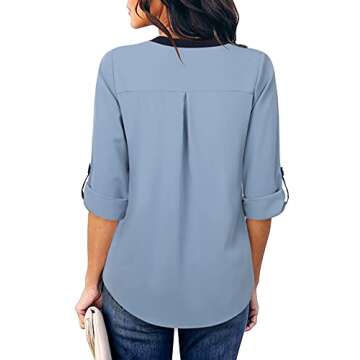 Gaharu Women's Tops for Work Color Block Long Roll Up Sleeves Work Shirt Blouse Business Casual Outfit Blue Grey,Large