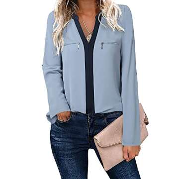 Gaharu Women's Tops for Work Color Block Long Roll Up Sleeves Work Shirt Blouse Business Casual Outfit Blue Grey,Large