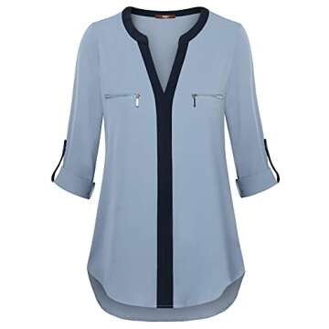 Gaharu Women's Tops for Work Color Block Long Roll Up Sleeves Work Shirt Blouse Business Casual Outfit Blue Grey,Large