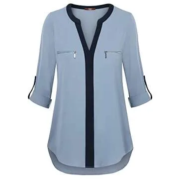 Gaharu Women's Tops for Work Color Block Long Roll Up Sleeves Work Shirt Blouse Business Casual Outfit Blue Grey,Large