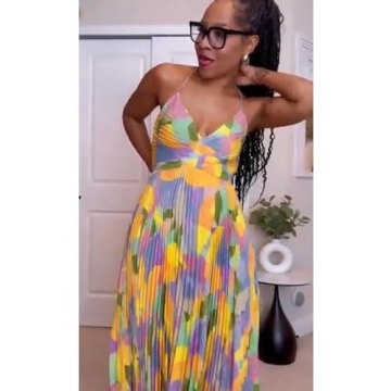 Vibrant Corechain V-Neck Pleated Print Dress