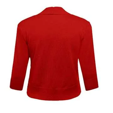 AAMILIFE Women's 3/4 Sleeve Cropped Cardigans Sweaters Jackets Open Front Short Shrugs for Dresses Red XL