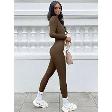 OQQ Women Long Sleeve Yoga Jumpsuits Workout Ribbed Bodysuits Pants Sexy One Piece Coffee