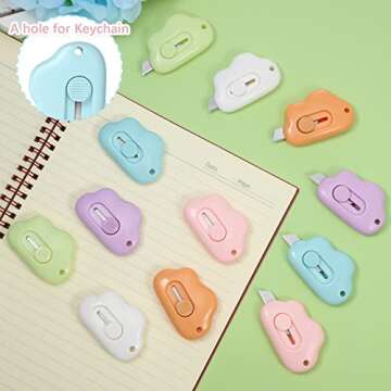 Honoson 12 Pcs Mini Box Cutter Retractable Utility Knife Cute Small Letter Opener Envelope Slitter Package Box Opener with Keychain Hole, 6 Colors(Cloud)
