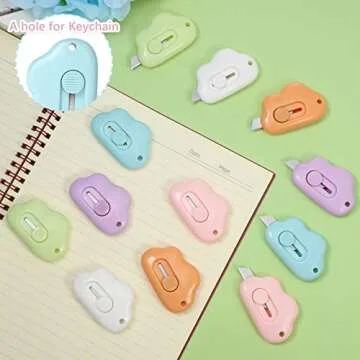 Honoson 12 Pcs Mini Box Cutter Retractable Utility Knife Cute Small Letter Opener Envelope Slitter Package Box Opener with Keychain Hole, 6 Colors(Cloud)