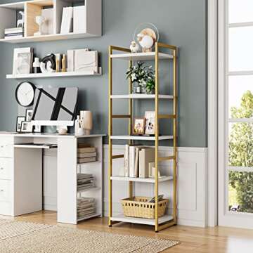 FINETONES 5 Tier Corner Shelf, Narrow Bookshelf Gold with Metal Frame, Modern Display Storage Organi...