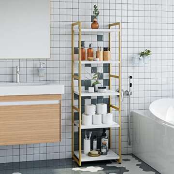 FINETONES 5 Tier Corner Shelf, Narrow Bookshelf Gold with Metal Frame, Modern Display Storage Organizer for Bedroom Living Room Home Office, White and Gold