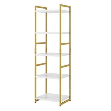FINETONES 5 Tier Corner Shelf, Narrow Bookshelf Gold with Metal Frame, Modern Display Storage Organizer for Bedroom Living Room Home Office, White and Gold