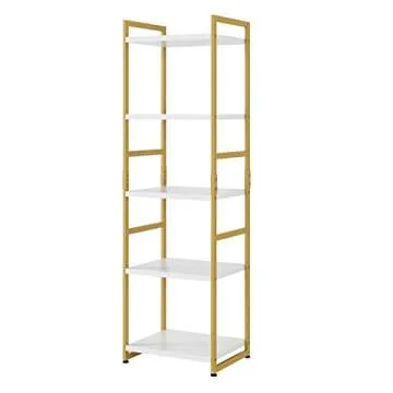 FINETONES 5 Tier Corner Shelf, Narrow Bookshelf Gold with Metal Frame, Modern Display Storage Organizer for Bedroom Living Room Home Office, White and Gold