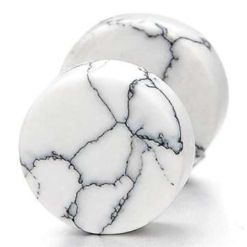 2pcs 10MM White Marble Stud Earrings Men Women, Steel Cheater Fake Ear Plugs Gauges Illusion Tunnel