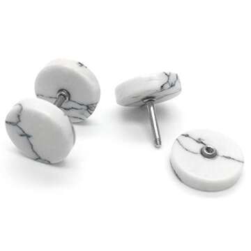 2pcs 10MM White Marble Stud Earrings Men Women, Steel Cheater Fake Ear Plugs Gauges Illusion Tunnel