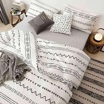 ETDIFFE Boho Comforter Set King Size, 3pc White and Black Bohemian Aztec Striped Bedding Set - Western Neutral Geometric Triangle Arrow Microfiber Down Alternative Comforter, Soft & Lightweight