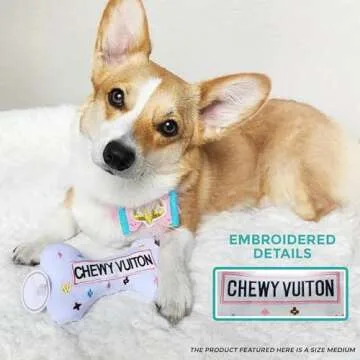 Haute Diggity Dog Chewy Vuiton White Bone, Plush Designer Dog Toys with Interactive Squeaker, Stimulating Pet Enrichment, Machine-Washable & Safe Materials for All Breeds, Size Small