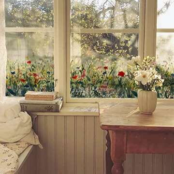 Flortlias Autumn Floral Window Decals, Transparent Stained Window Sticker, Non Adhesive Double-Sided Glass Door Covering Film for Home Decorative, Thistle