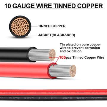 10 Gauge Wire - iGreely 30 FT Red & 30 FT Black 10 Gauge Tinned Copper Electrical Wire Cable for Sol...