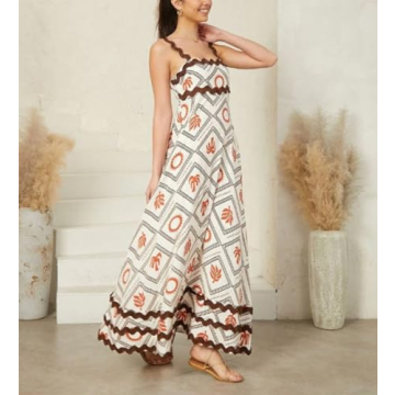 Women Boho Colorful Spaghetti Strap Dress Summer Vacation Beach Long Sun Dress RIC Rac Floral Flowy Cami Maxi Dress