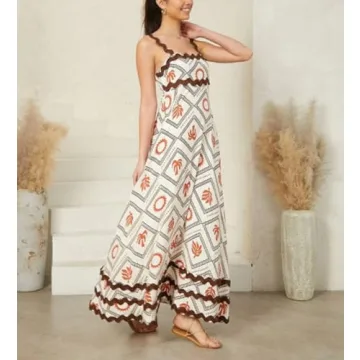 Women Boho Colorful Spaghetti Strap Dress Summer Vacation Beach Long Sun Dress RIC Rac Floral Flowy Cami Maxi Dress