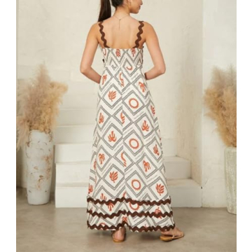 Women Boho Colorful Spaghetti Strap Dress Summer Vacation Beach Long Sun Dress RIC Rac Floral Flowy Cami Maxi Dress