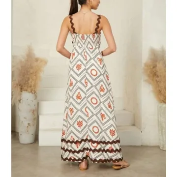 Women Boho Colorful Spaghetti Strap Dress Summer Vacation Beach Long Sun Dress RIC Rac Floral Flowy Cami Maxi Dress