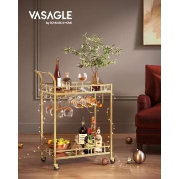 VASAGLE Bar Cart Gold - Elegant Home Serving Cart with Wine Holders and Glass Storage