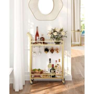 VASAGLE Gold Bar Cart with Mirrored Shelves for Home