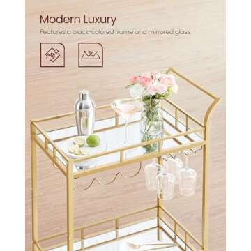 VASAGLE Gold Bar Cart with Mirrored Shelves for Home