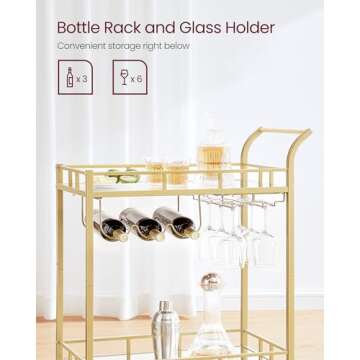 VASAGLE Gold Bar Cart with Mirrored Shelves for Home