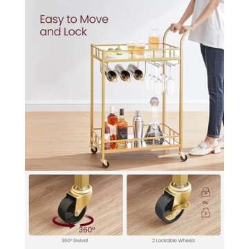 VASAGLE Gold Bar Cart with Mirrored Shelves for Home