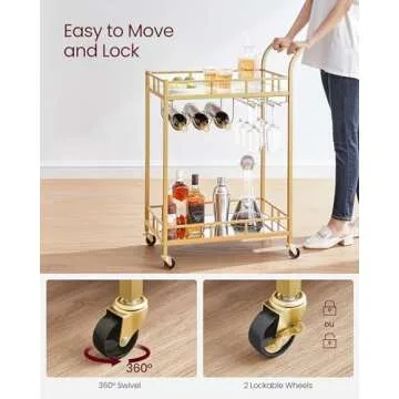 VASAGLE Gold Bar Cart with Mirrored Shelves for Home
