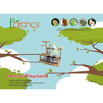 Borangs Parrots Playstand Bird Playground Wood Perch Training Stand Cockatiel Playpen Ladders Birds Swing Wood Gym Tabletop with Feeder Cups Toys Exercise Play(Design B)