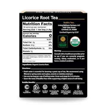Buddha Teas Organic Licorice Root Tea - OU Kosher, USDA Organic, CCOF Organic, 18 Bleach-Free Tea Bag