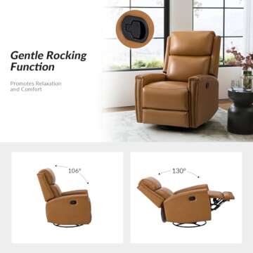 HULALA HOME Genuine Leather Swivel Rocker Recliner, Manual Glider Recliner Chair with Adjustable Backrest & Footrest, Modern Home Theater Lounge Sofa Armchair for Living Room Bedroom, Camel