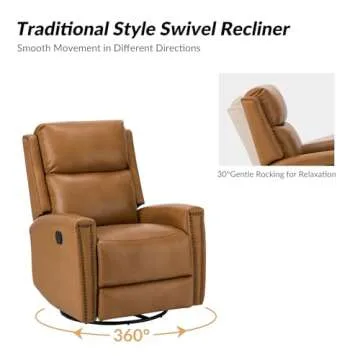 HULALA HOME Genuine Leather Swivel Rocker Recliner, Manual Glider Recliner Chair with Adjustable Backrest & Footrest, Modern Home Theater Lounge Sofa Armchair for Living Room Bedroom, Camel