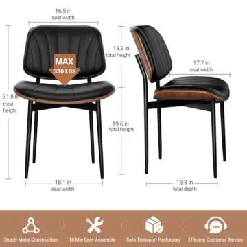 REONEY Dining Chairs Set of 2, Mid-Century Modern Upholstered PU Leather Chairs with Walnut Bentwood...