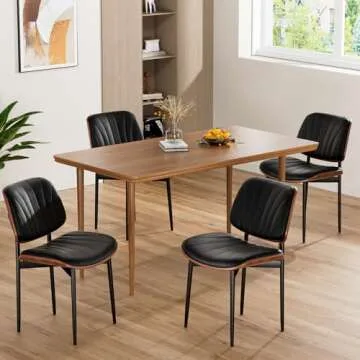 REONEY Dining Chairs Set of 2, Mid-Century Modern Upholstered PU Leather Chairs with Walnut Bentwood Back and Metal Legs Adjustable Feet for Kitchen Dining Room, Black Shell Strips