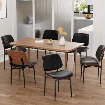 REONEY Dining Chairs Set of 2, Mid-Century Modern Upholstered PU Leather Chairs with Walnut Bentwood Back and Metal Legs Adjustable Feet for Kitchen Dining Room, Black Shell Strips