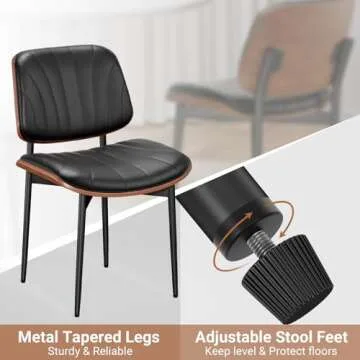 REONEY Dining Chairs Set of 2, Mid-Century Modern Upholstered PU Leather Chairs with Walnut Bentwood Back and Metal Legs Adjustable Feet for Kitchen Dining Room, Black Shell Strips