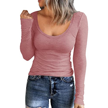 Roselux Long Sleeve Scoop Neck Ribbed Knit Shirt for Women
