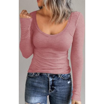 Roselux Long Sleeve Scoop Neck Ribbed Knit Shirt for Women