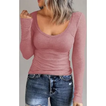 Roselux Long Sleeve Scoop Neck Ribbed Knit Shirt for Women