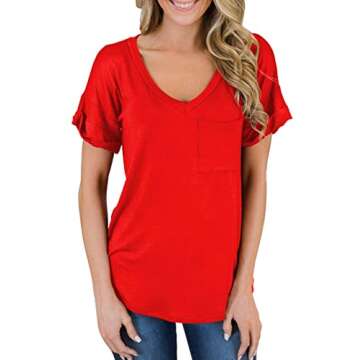 MIHOLL Women Summer Casual Blouse Short Sleeve V Neck Cute T-Shirts Tops (07_ Red, Medium)