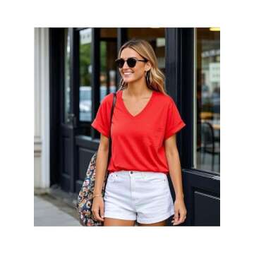 MIHOLL Women Summer Casual Blouse Short Sleeve V Neck Cute T-Shirts Tops (07_ Red, Medium)
