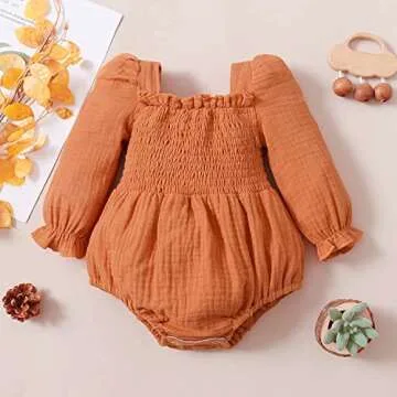 Socutebabe Baby Girl Vintage Bubble Romper Onesie Long Sleeve Ruffle Jumpsuit Bodysuit Princess Outfit Boho Clothes (Cute Orange,0-3 Months)