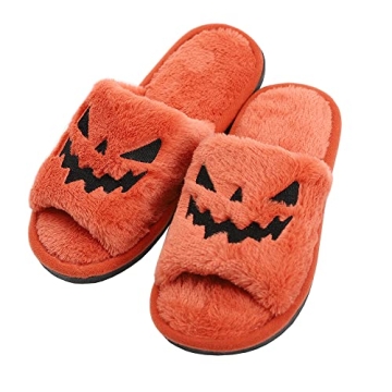 TITTOK Spooky Slides Halloween Slippers Jack O Lantern Pumpkin Soft Plush Cozy Open Toe Indoor Outdo...