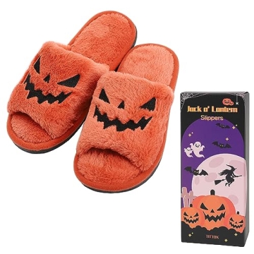 TITTOK Spooky Slides Halloween Slippers Jack O Lantern Pumpkin Soft Plush Cozy Open Toe Indoor Outdoor Fuzzy Slippers Gifts For Girls Women Girlfriend Men