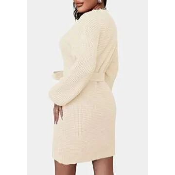 ZESICA Women's Fall Long Sleeve Solid Color Waffle Knitted Tie Wasit Tunic Pullover Sweater Dress,Beige,Small
