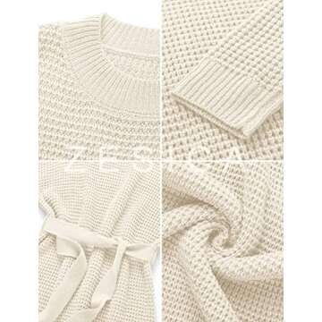 ZESICA Women's Fall Long Sleeve Solid Color Waffle Knitted Tie Wasit Tunic Pullover Sweater Dress,Beige,Small