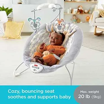 Fisher-Price Portable Baby Seat Fawn Meadows Deluxe Bouncer with Toy Mobile, Music & Vibrations for Newborns 0+ Months