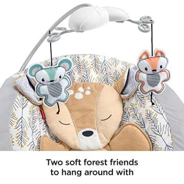 Fisher-Price Portable Baby Seat Fawn Meadows Deluxe Bouncer with Toy Mobile, Music & Vibrations for Newborns 0+ Months