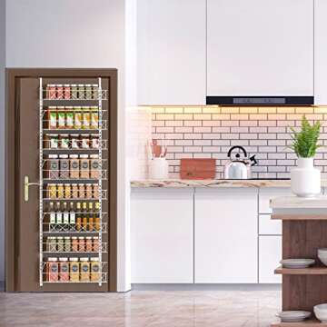 Skycarper Adjustable Over The Door Pantry Organizer, 8 Tier Storage Rack, White, 16.5 x 6.1 x 74.5 inches